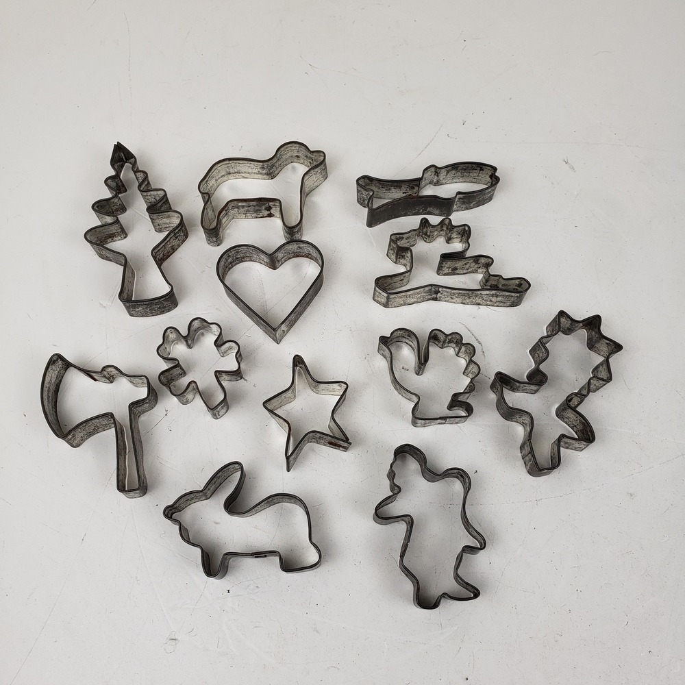 Vintage Tin Cookie Cutter Lot 11pc Christmas Holiday Animal Shapes Rustic Patina